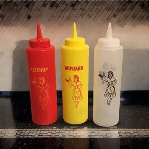 VTG 3PC Set TableCraft Diner-Themed Condiments Squeeze Bottles Plastic USA NEW
